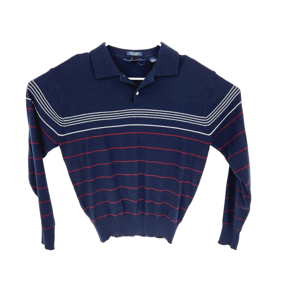 Vintage Par Four Sweater Mens L Large Collared Dark Blue Knit Polo Striped 80s